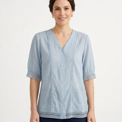 Women's V-Neck Lace Trim Blouse Outfit for Work Brunch Casual Days and Everyday Wear - Front [Lystr 6ac89ee6aa305fd9358a4bc3:front]