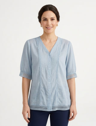 Women's V-Neck Lace Trim Blouse Outfit for Work Brunch Casual Days and Everyday Wear - Front [Lystr 6ac89ee6aa305fd9358a4bc3:front]