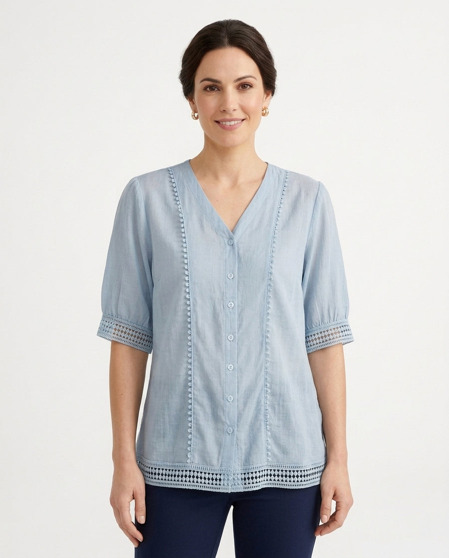 Women's V-Neck Lace Trim Blouse Outfit for Work Brunch Casual Days and Everyday Wear - Front [Lystr 6ac89ee6aa305fd9358a4bc3:front]