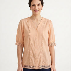 Women's V-Neck Lace Trim Blouse Outfit for Work Brunch Casual Days and Everyday Wear - Apricot Front [Lystr 6ac89ee6aa305fd9358a4bc3:apricot:front]