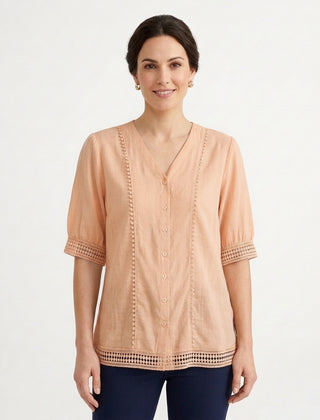 Women's V-Neck Lace Trim Blouse Outfit for Work Brunch Casual Days and Everyday Wear - Apricot Front [Lystr 6ac89ee6aa305fd9358a4bc3:apricot:front]