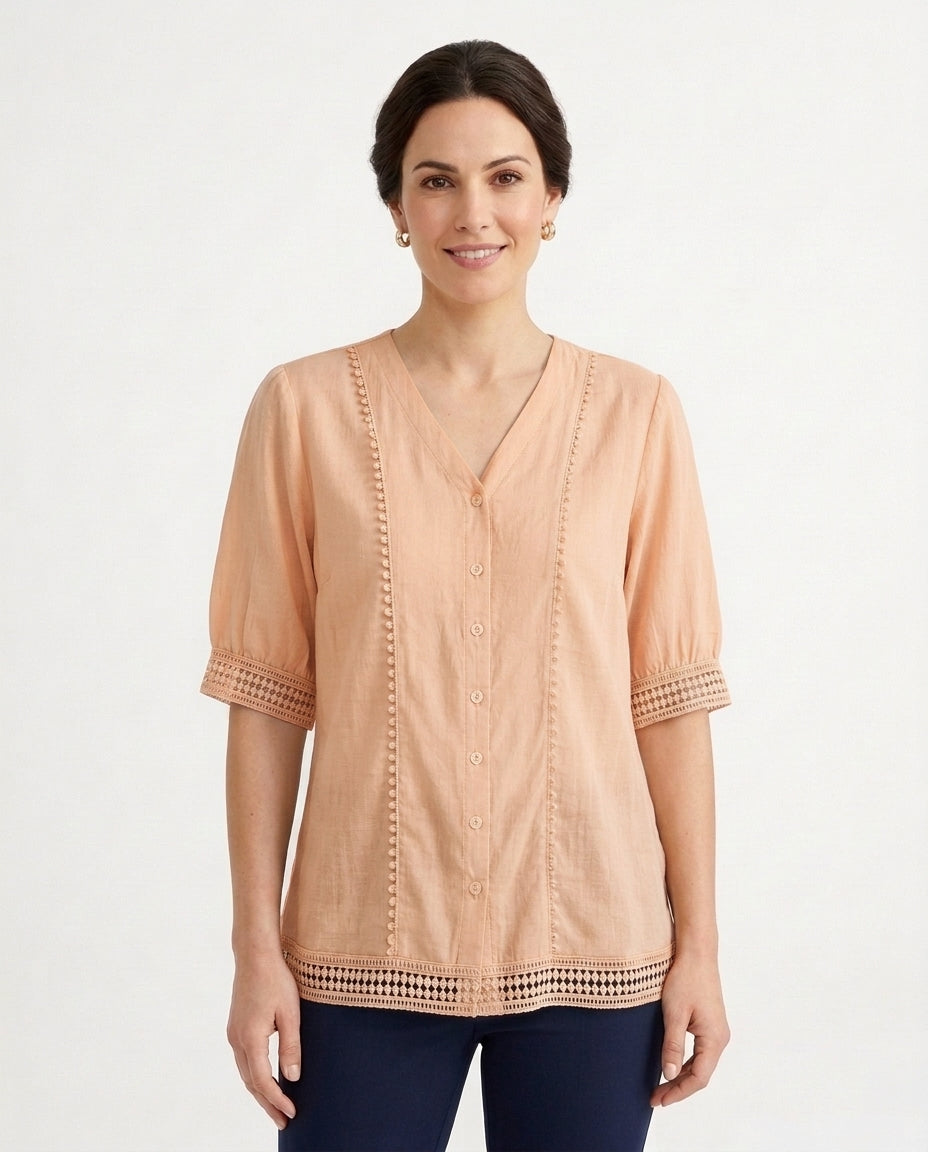 Women's V-Neck Lace Trim Blouse Outfit for Work Brunch Casual Days and Everyday Wear - Apricot Front [Lystr 6ac89ee6aa305fd9358a4bc3:apricot:front]