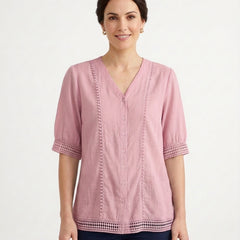 Women's V-Neck Lace Trim Blouse Outfit for Work Brunch Casual Days and Everyday Wear - Pink Front [Lystr 6ac89ee6aa305fd9358a4bc3:pink:front]