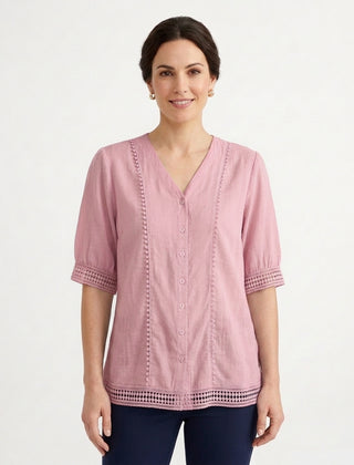 Women's V-Neck Lace Trim Blouse Outfit for Work Brunch Casual Days and Everyday Wear - Pink Front [Lystr 6ac89ee6aa305fd9358a4bc3:pink:front]