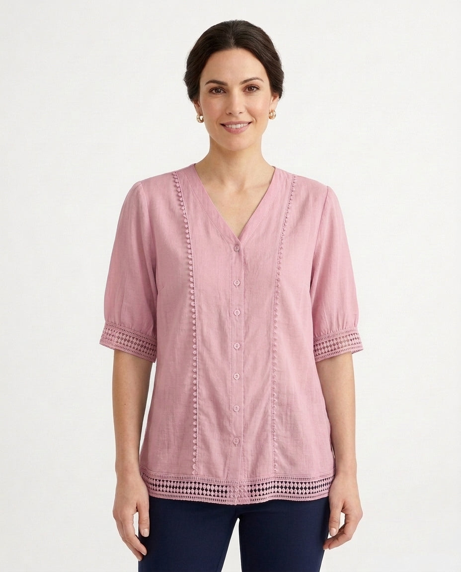 Women's V-Neck Lace Trim Blouse Outfit for Work Brunch Casual Days and Everyday Wear - Pink Front [Lystr 6ac89ee6aa305fd9358a4bc3:pink:front]