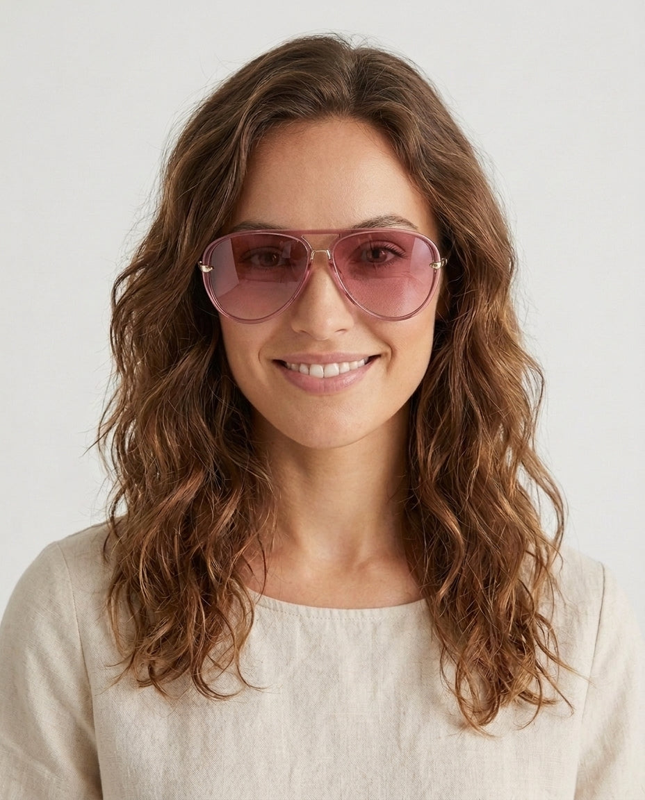 Women's Retro Aviator Sunglasses Outfit for Weddings Parties Holidays Occasions and Everyday Wear - Pink Front [Lystr 6ac8defe8e6722b849330ed1:pink:front]