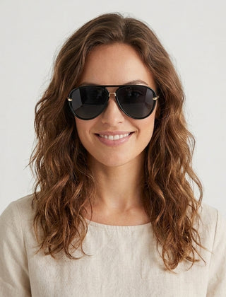 Women's Retro Aviator Sunglasses Outfit for Weddings Parties Holidays Occasions and Everyday Wear - Black Front [Lystr 6ac8defe8e6722b849330ed1:black:front]