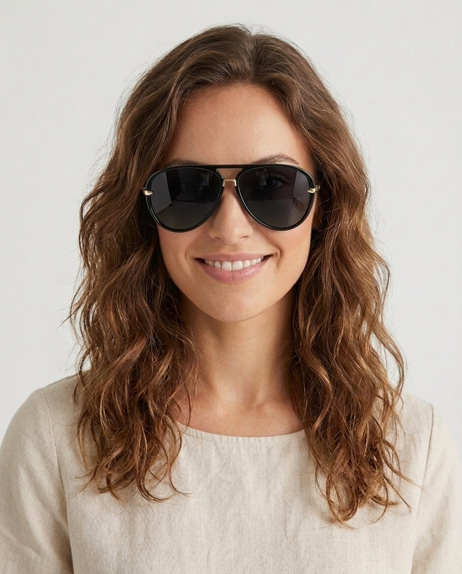 Women's Retro Aviator Sunglasses Outfit for Weddings Parties Holidays Occasions and Everyday Wear - Black Front [Lystr 6ac8defe8e6722b849330ed1:black:front]
