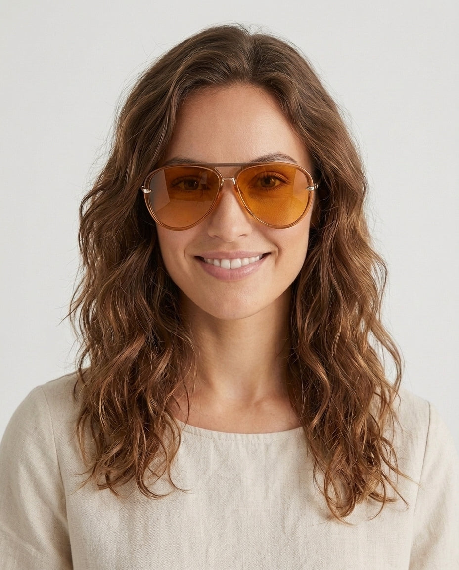 Women's Retro Aviator Sunglasses Outfit for Weddings Parties Holidays Occasions and Everyday Wear - Orange Front [Lystr 6ac8defe8e6722b849330ed1:orange:front]