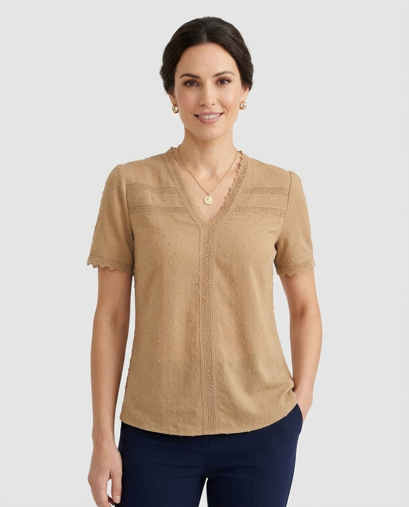 Women's Lace Trim Relaxed Casual Blouse Outfit for Work Brunch Casual Days and Everyday Wear