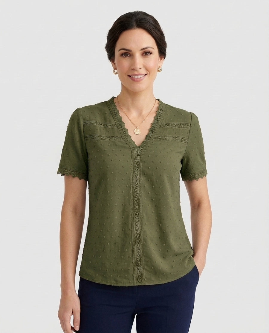 Women's Lace Trim Relaxed Casual Blouse Outfit for Work Brunch Casual Days and Everyday Wear - Army Green Front [Lystr 6aca4feecb043f6c72074c1f:army green:front]