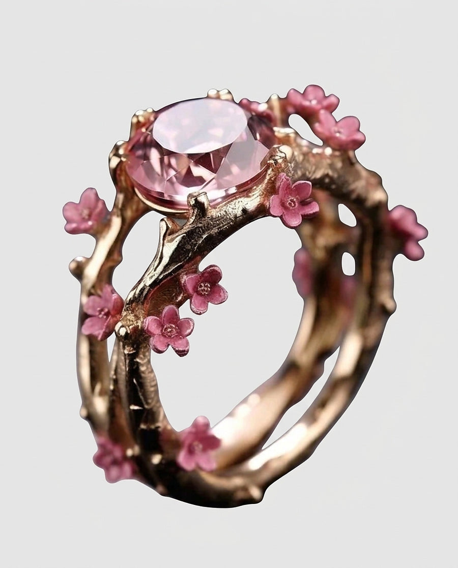 Women's Gold Pink Flower Ring Statement Jewellery Jewelry Gift for Women Weddings Parties Prom and Everyday Wear - Front [Lystr 6aca527dcb043f6c72074c27:front]