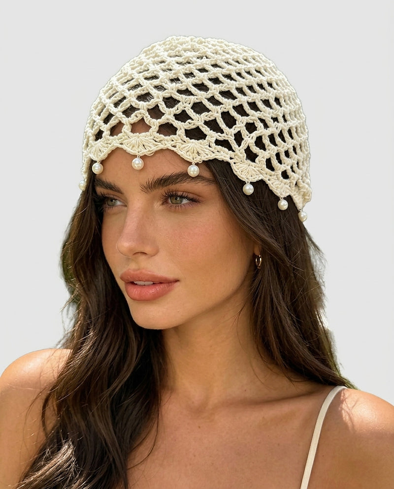 Women's Crochet Pearl Beaded Head Festival Vacation Beanie Accessory for Holidays Festivals Weddings and Everyday Wear