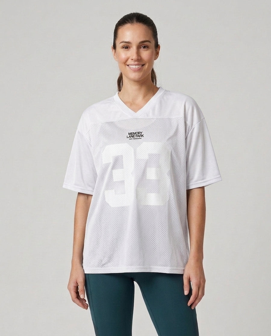 Women's Casual Oversized Football Jersey T Number Graphic Shirt Outfit for Work Brunch Casual Days and Everyday Wear - White Front [Lystr 6aca85fe4dcd070456decf9c:white:front]