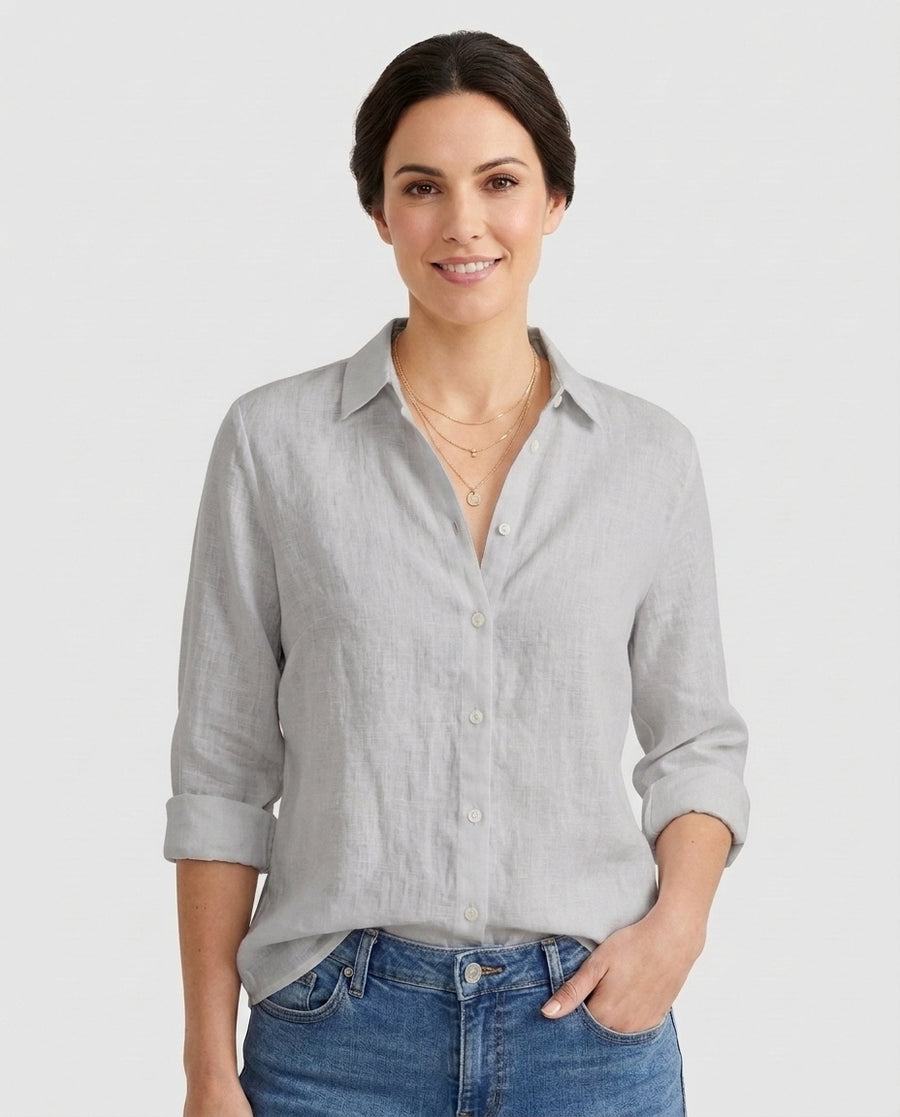 Women's Button Down Long Sleeve Blouse Outfit for Work Brunch Casual Days and Everyday Wear - Light Grey Front [Lystr 6aca867a4dcd070456decf9e:light grey:front]