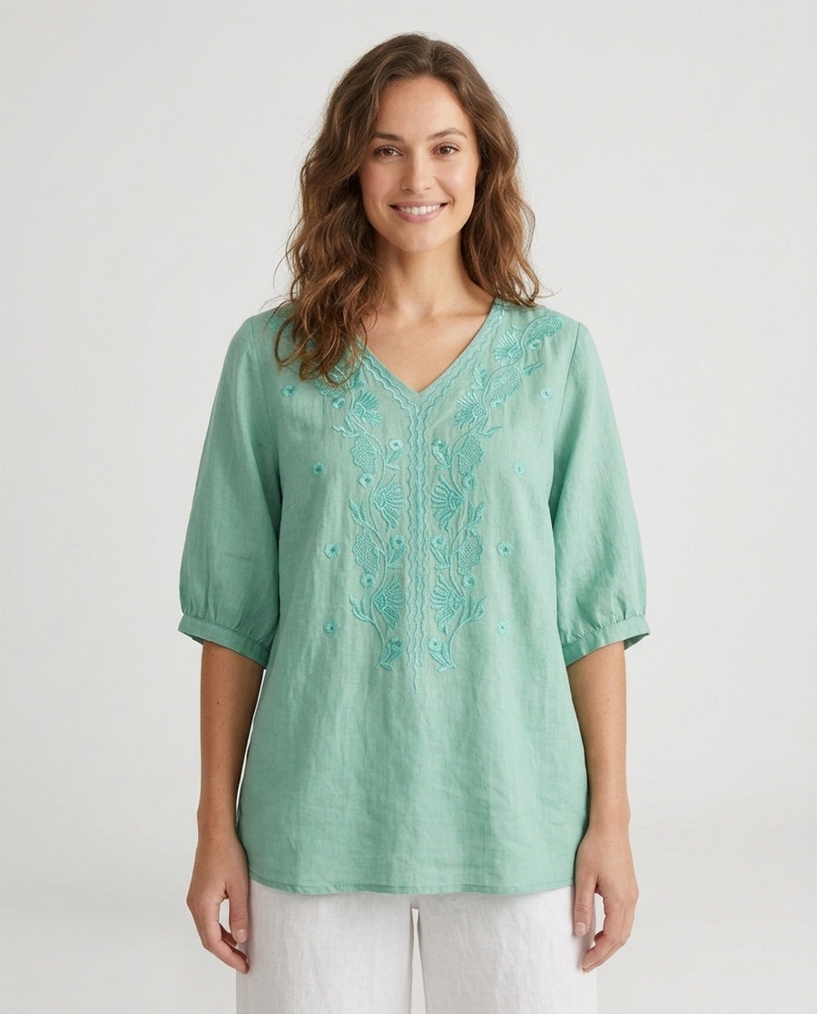 Women's V-Neck Embroidered Blouse Outfit for Work Brunch Casual Days and Everyday Wear - Front [Lystr 6acb292b55a6208493d7ae4d:front]
