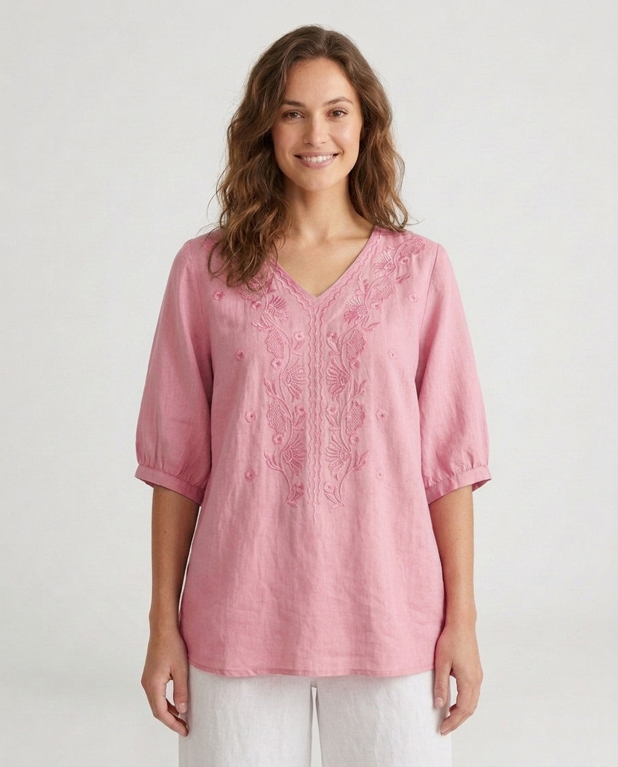 Women's V-Neck Embroidered Blouse Outfit for Work Brunch Casual Days and Everyday Wear - Pink Front [Lystr 6acb292b55a6208493d7ae4d:pink:front]