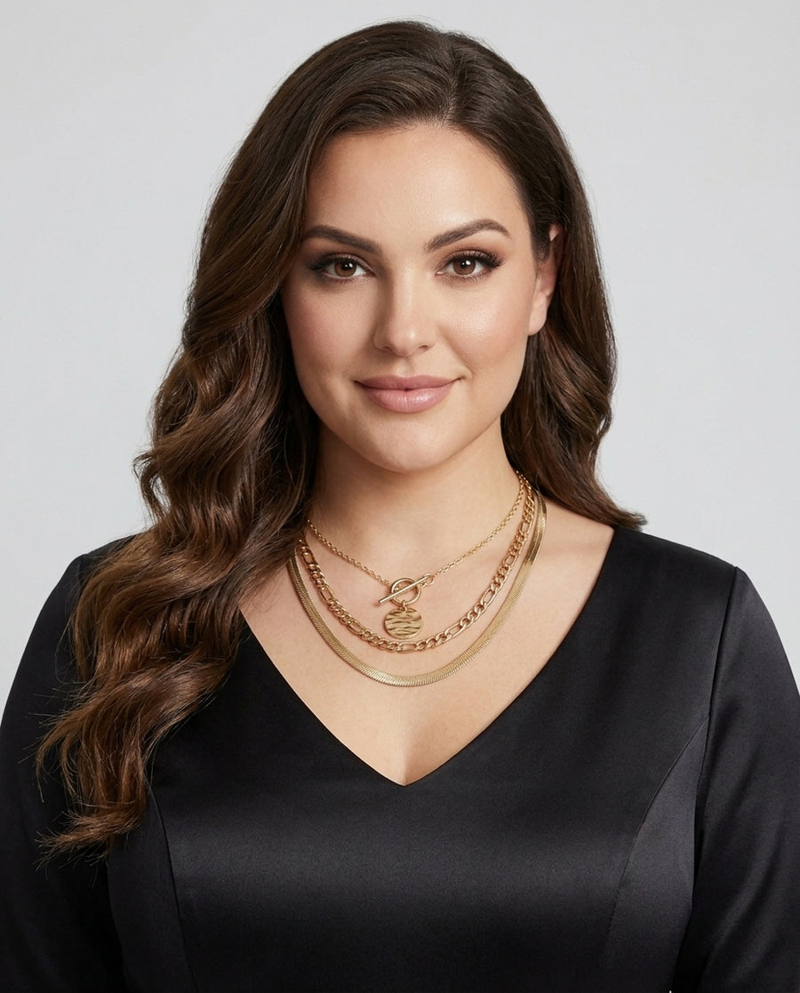 Women's Gold Layered Textured Necklace Statement Jewellery Jewelry Gift for Women Weddings Parties Prom and Everyday Wear - Front [Lystr 6acb2e8555a6208493d7ae61:front]
