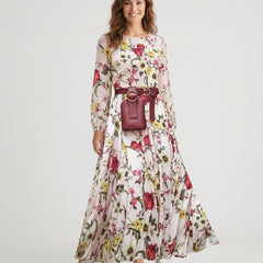 Women's Floral Print Maxi Dress with Brown Belt - Front [Lystr 6ad34ba5800481b409bad0e2:front]