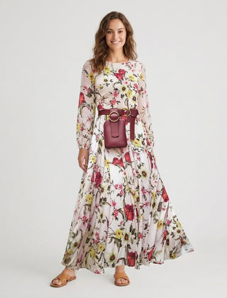 Women's Floral Print Maxi Dress with Brown Belt - Front [Lystr 6ad34ba5800481b409bad0e2:front]