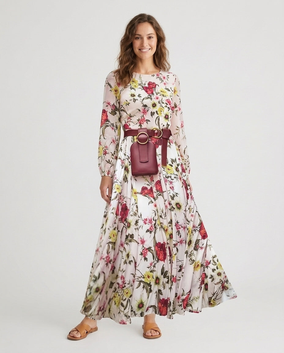 Women's Floral Print Maxi Dress with Brown Belt - Front [Lystr 6ad34ba5800481b409bad0e2:front]