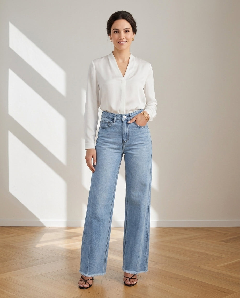 Women’s High-Rise Wide Leg Jeans with Raw Hem