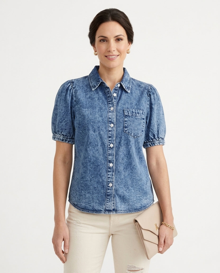 Women's Denim Shirt with Bubble Sleeves