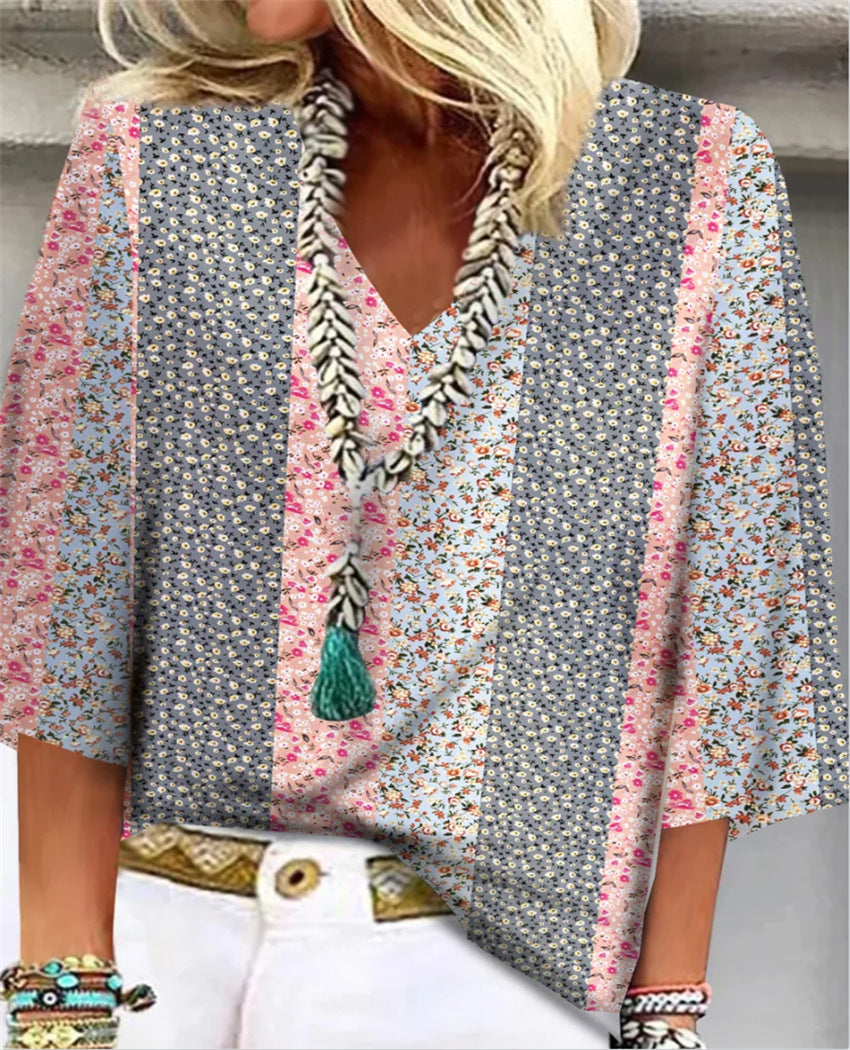Women's Ditsy Floral Patchwork V-Neck Sleeve Top Outfit for Work Brunch Casual Days and Everyday Wear