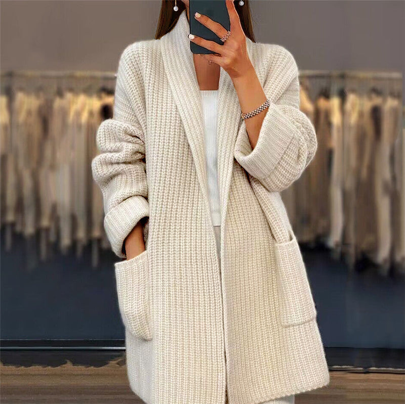 Women's Longline Cardigan Shawl Collar Ribbed Knit with Pockets