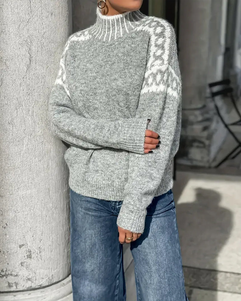 Women's Cozy Turtleneck Sweater Fair Isle Knit Relaxed Fit Casual Everyday