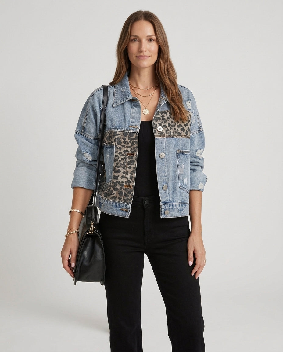 Women’s Denim Jacket with Leopard Print Panels