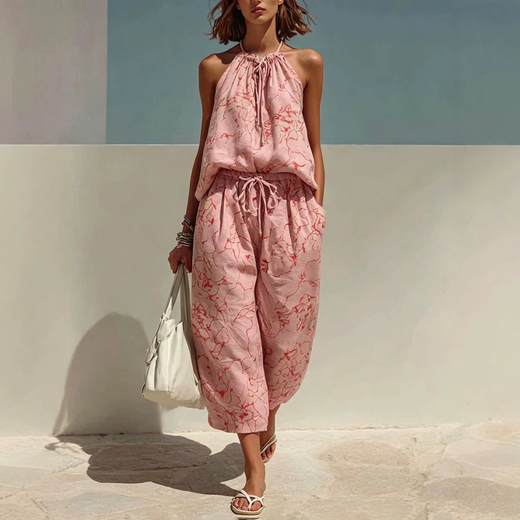 Women's Fashion Minimalist Digital-Print Backless Camisole Cropped Wide-Leg Pants Set Outfit for Work Casual Days Holidays and