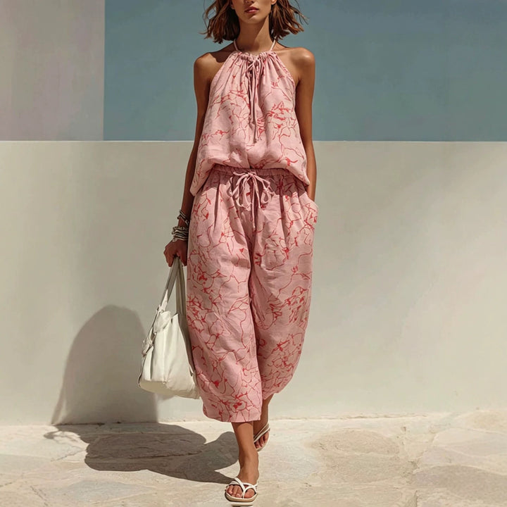 Women’s Fashion Minimalist Digital-Print Backless Camisole and Cropped Wide-Leg Pants Set | Chic