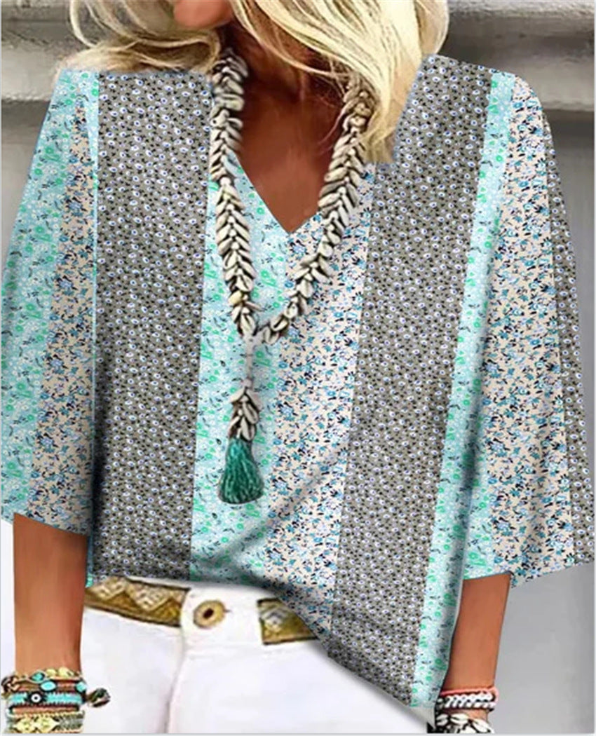 Women's Ditsy Floral Patchwork V-Neck Sleeve Top Outfit for Work Brunch Casual Days and Everyday Wear