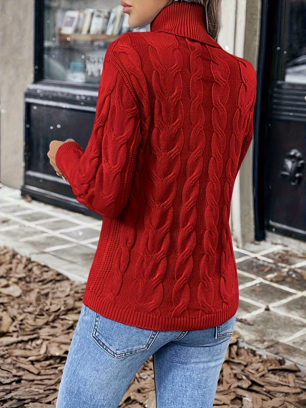 Women's Stylish Cable Knit Turtleneck Sweater Fitted Long Sleeve Cozy Casual