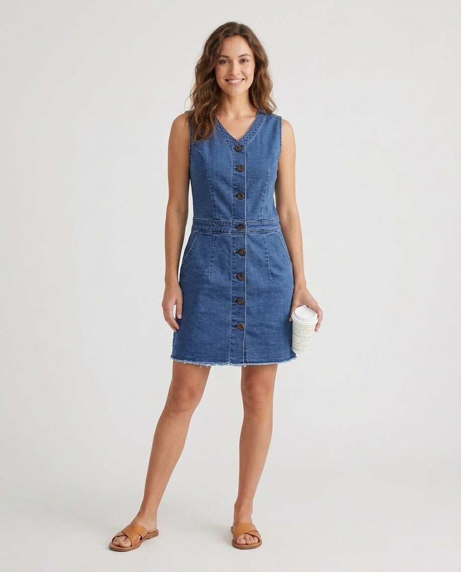 Women’s Sleeveless Denim Dress with Button Front