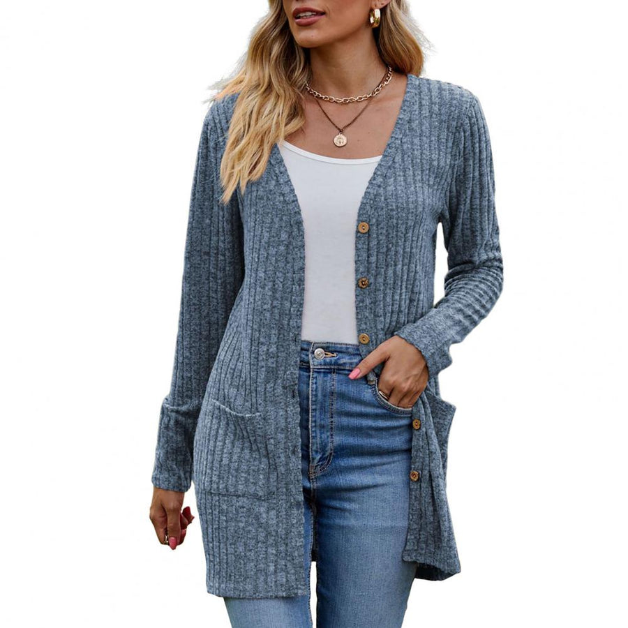 Women's Cardigan Sweater Ribbed Structure Patch Pockets Layered Casual