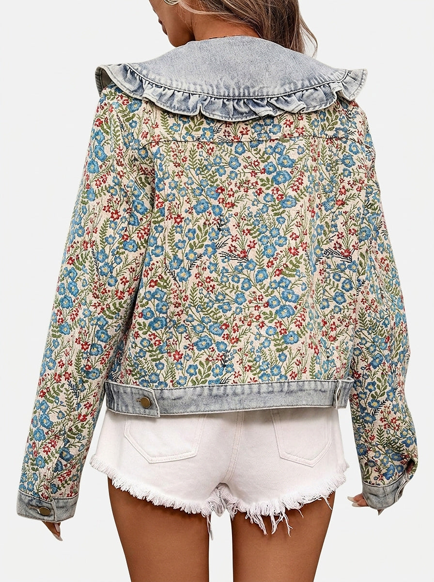 Women's Denim Jacket with Ruffled Peter Pan Collar