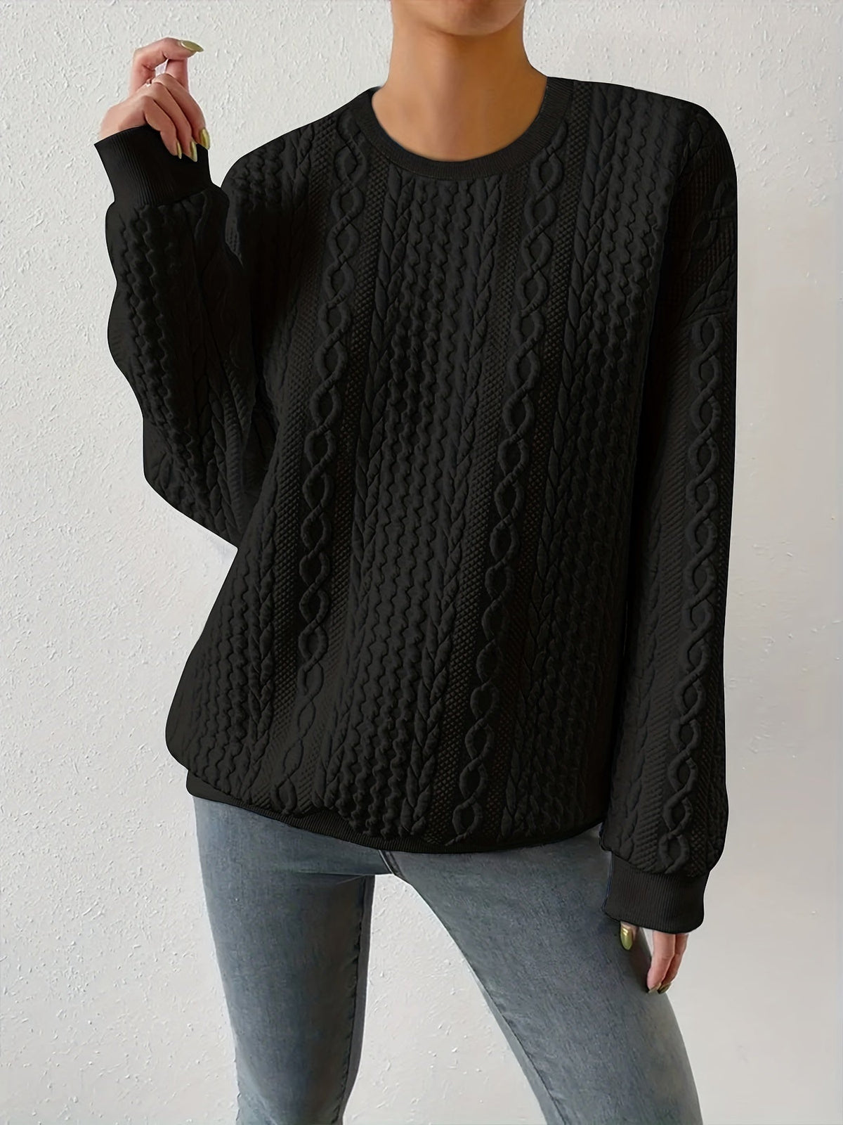 Women's Casual Cable Knit Sweatshirt Crewneck Relaxed Fit Everyday Wear