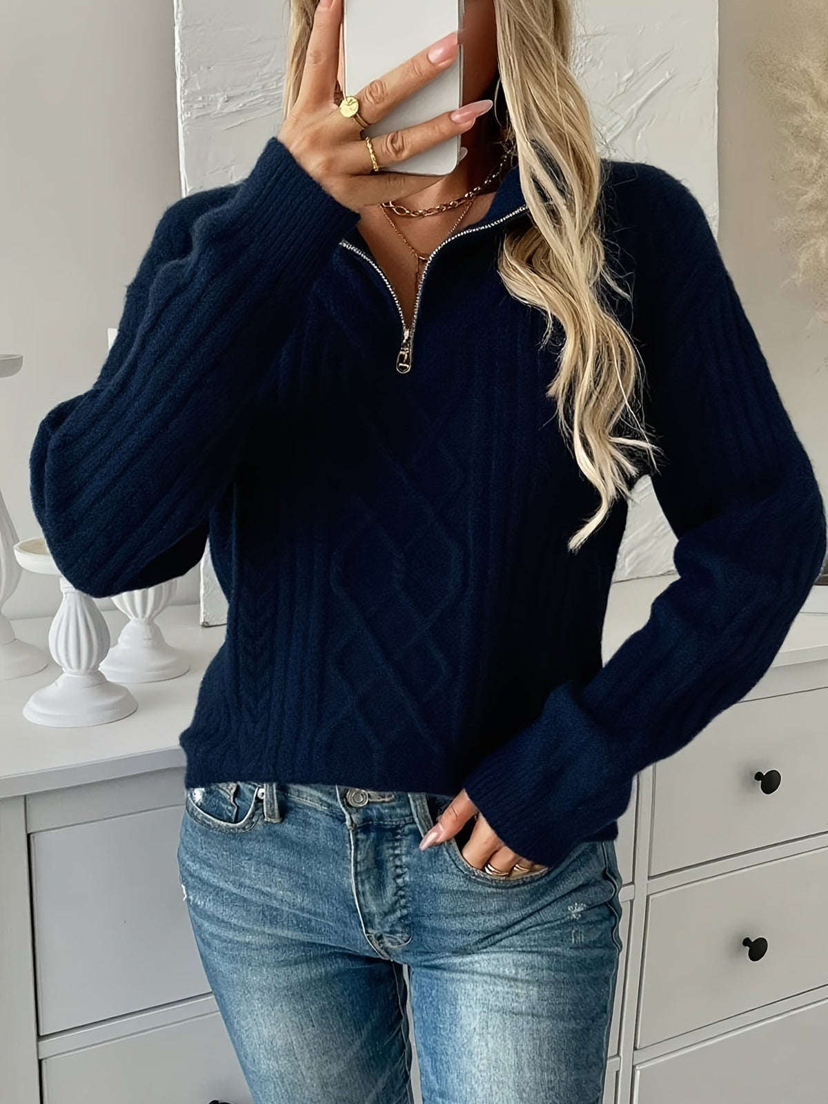 Women's Cable Knit Quarter Zip Sweater Relaxed Fit Long Sleeve Casual Layering