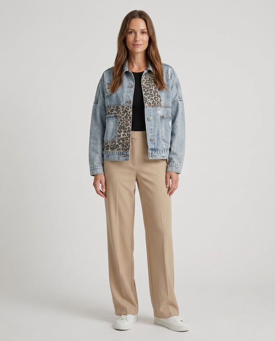 Women’s Denim Jacket with Leopard Print Panels