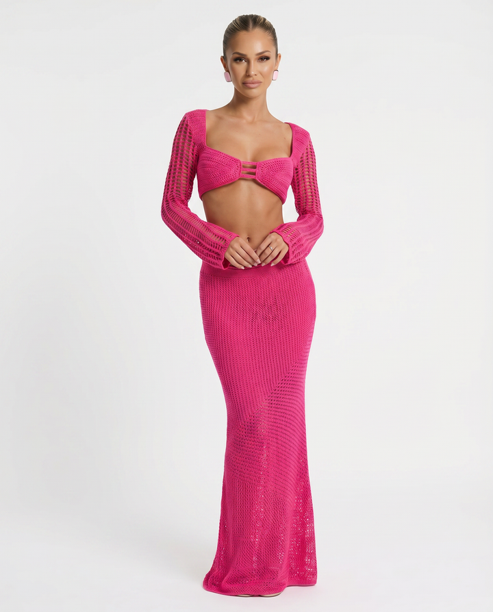 Women’s Stylish Crochet Knit Long Sleeve Top | Two-Piece Set