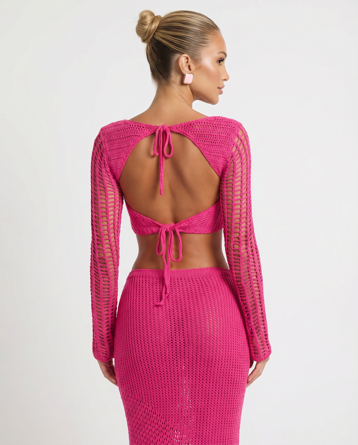 Women’s Stylish Crochet Knit Long Sleeve Top | Two-Piece Set
