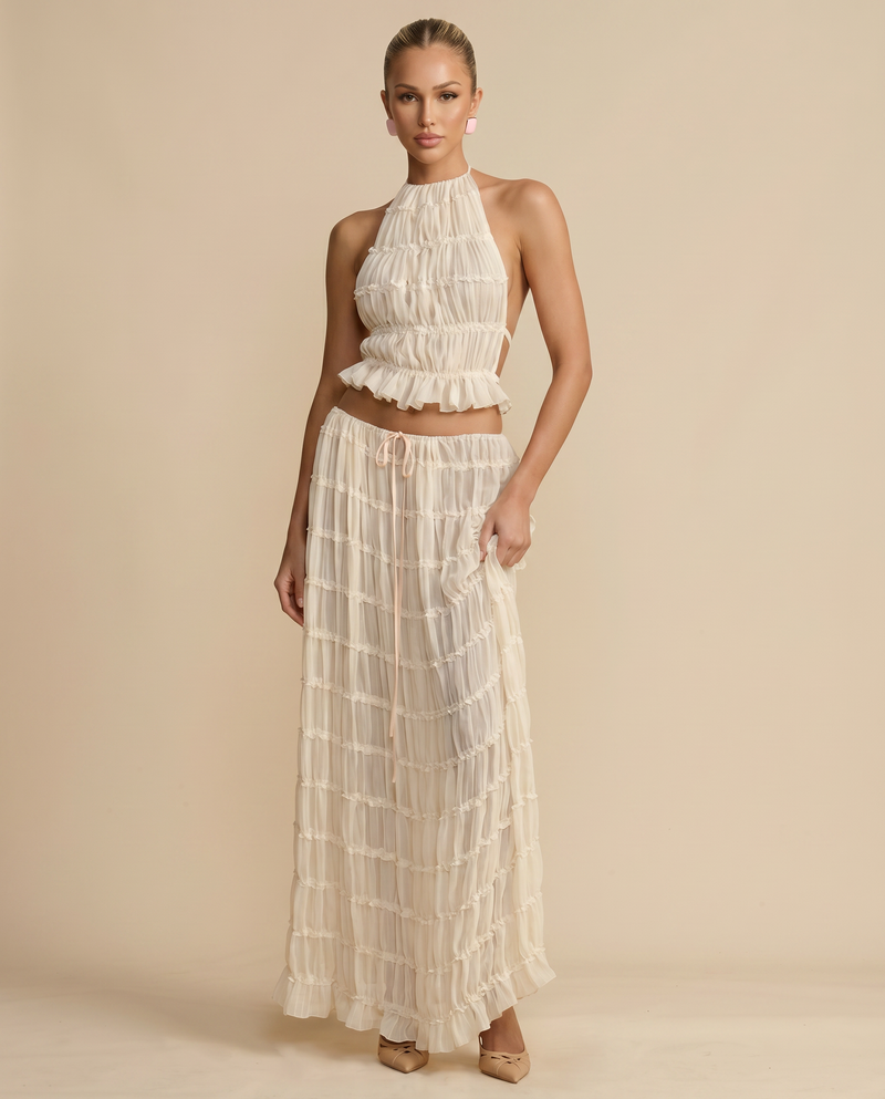 Women's Halter Top Maxi Skirt Pleated Set Outfit for Work Brunch Parties Holidays and Everyday Wear