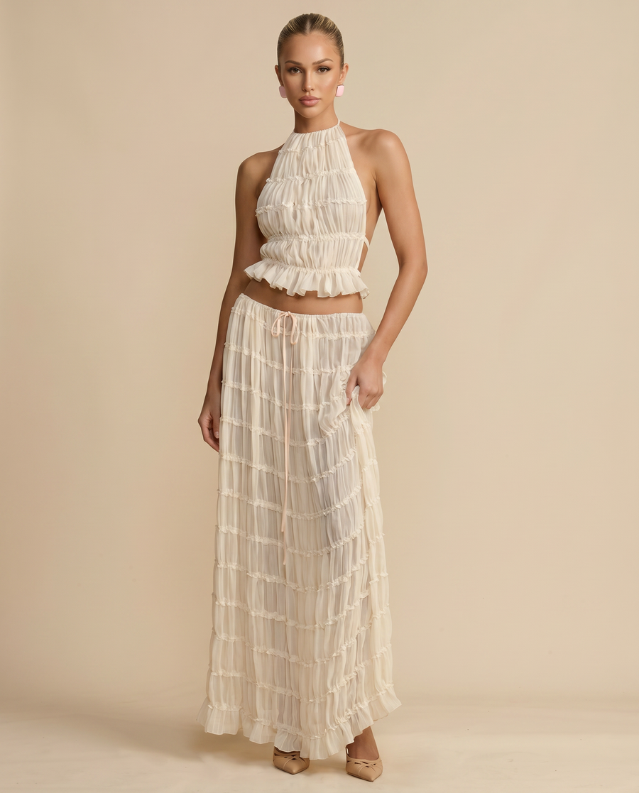 Women's Halter Top Maxi Skirt Pleated Set Outfit for Work Brunch Parties Holidays and Everyday Wear