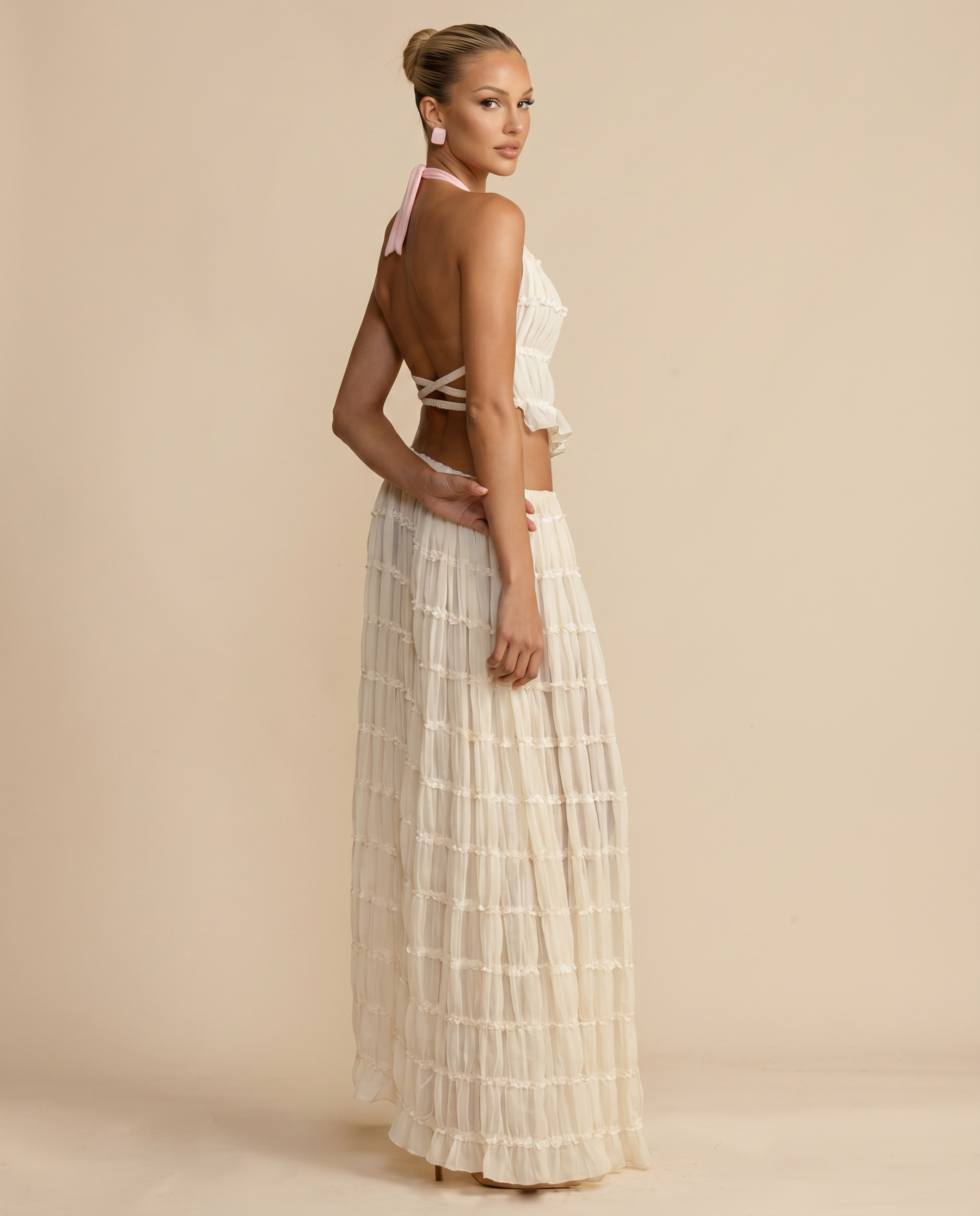 Women's Halter Top Maxi Skirt Pleated Set Outfit for Work Brunch Parties Holidays and Everyday Wear