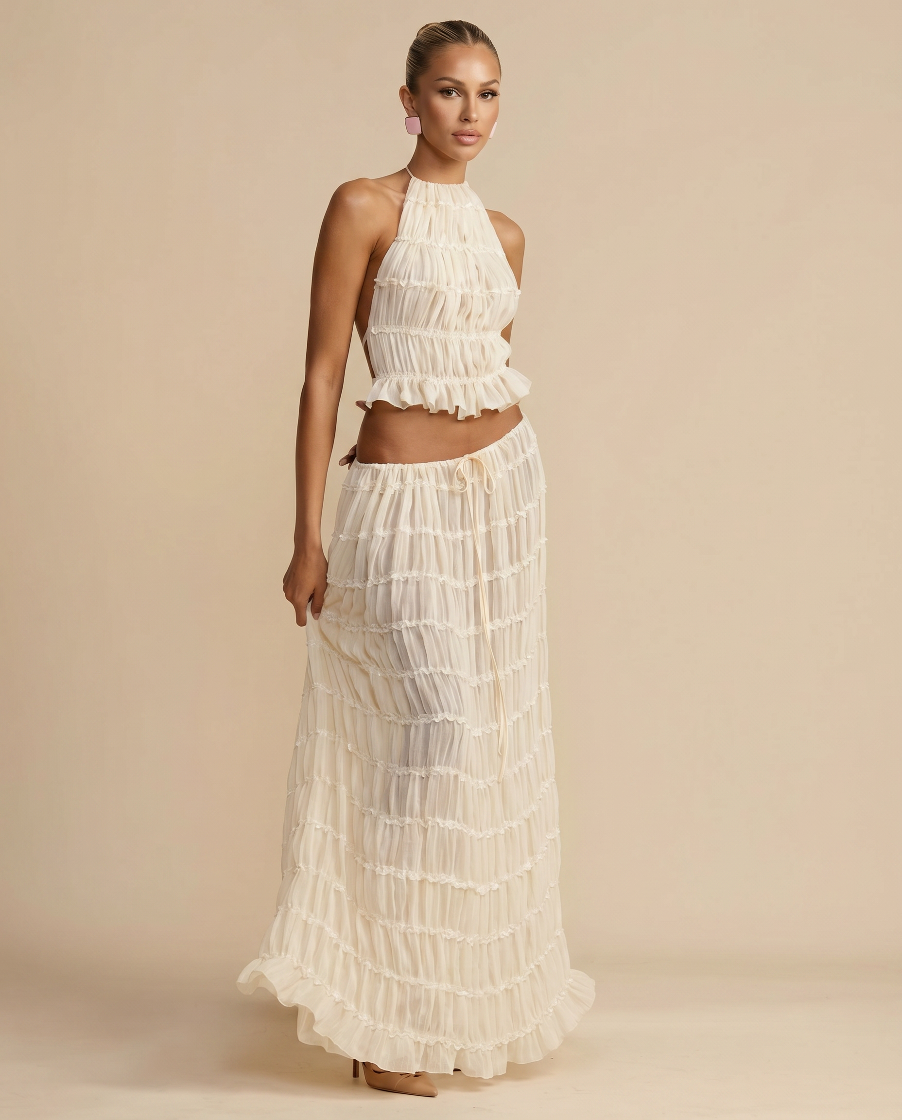 Women's Halter Top Maxi Skirt Pleated Set Outfit for Work Brunch Parties Holidays and Everyday Wear