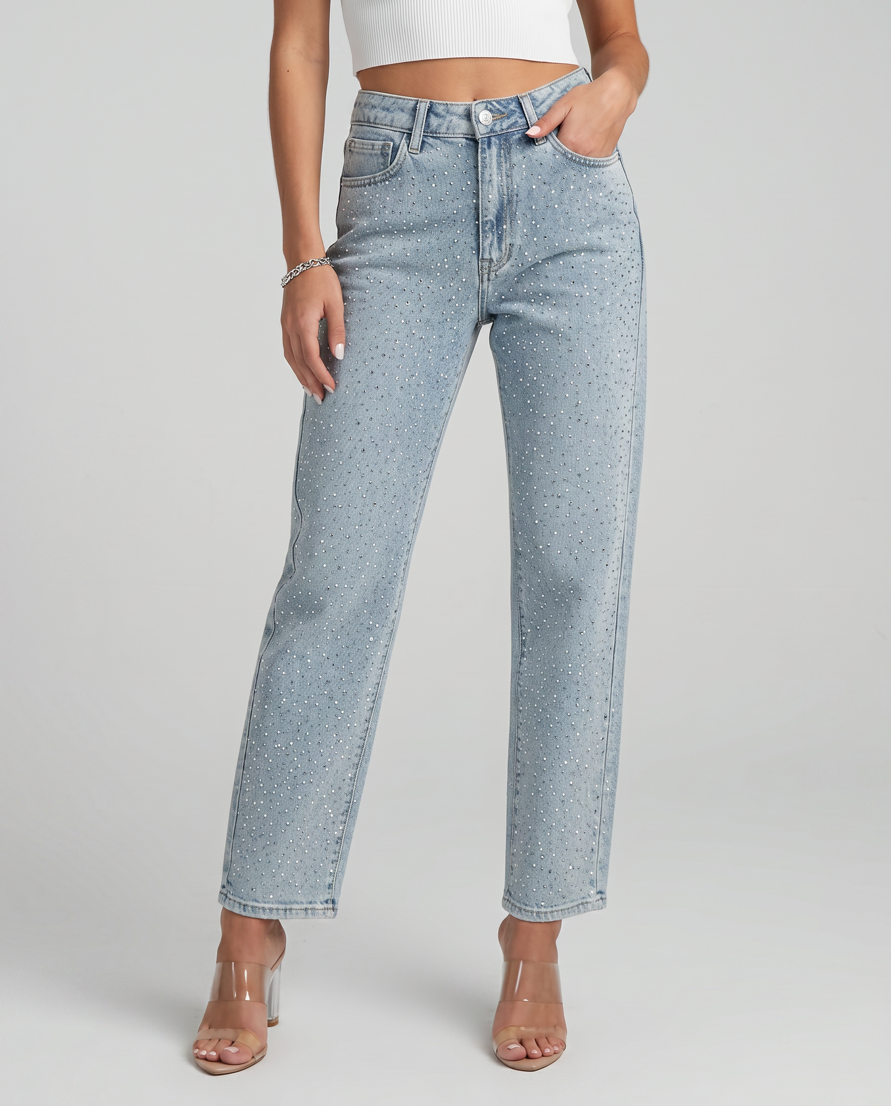 Women's High-Waist Shimmer Jeans Outfit for Work Casual Days Holidays and Everyday Wear