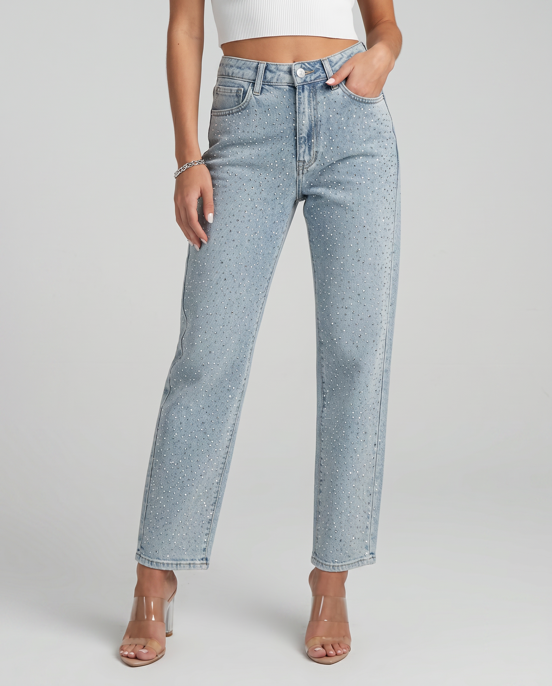 Women's High-Waist Shimmer Jeans Outfit for Work Casual Days Holidays and Everyday Wear