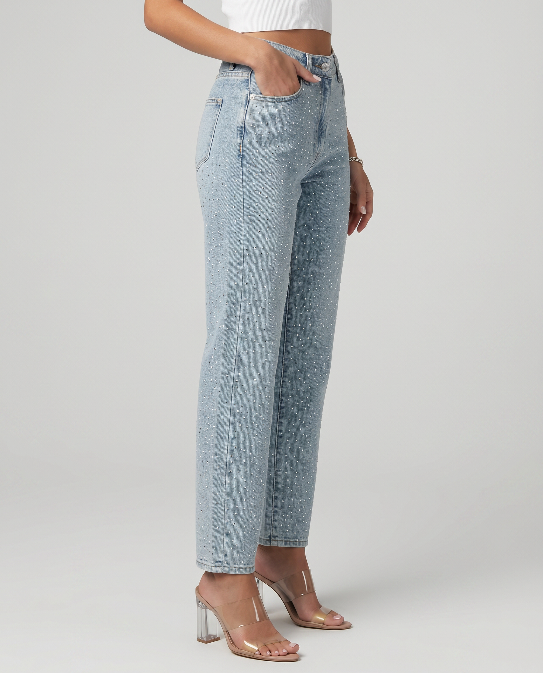Women's High-Waist Shimmer Jeans Outfit for Work Casual Days Holidays and Everyday Wear